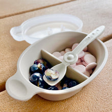 Load image into Gallery viewer, Blueberries in one section are cut by feeding spoon for little ones. Baby yogurt melts are  in the other section
