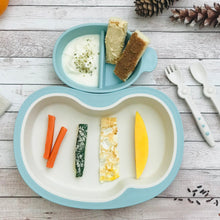 Load image into Gallery viewer, Baby led weaning plate and bowl. Carrot strips, mango strip, egg strip, and zucchini strip coated with parmesan cheese in baby plate.  Toasted bread and yogurt topped with hemp seeds in sectioned bowl
