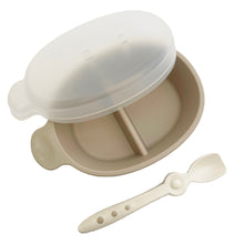 Load image into Gallery viewer, Littoes Travel Bowl Set includes a divided bowl with handle, a lid, and a feeding spoon in neutral color.
