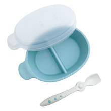 Load image into Gallery viewer, Blue sectioned bowl has a lid and spoon is attachable to the lid.
