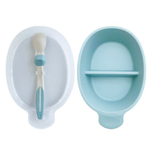 Load image into Gallery viewer, Blue travel bowl for baby feeding and baby spoon attachable to translucent lid.
